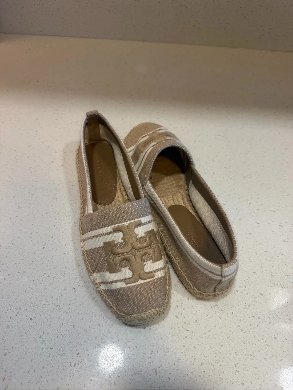 Tory Burch Beige Canvas Espadrille Flats with White Logo Accent